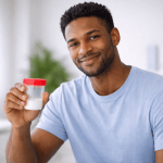 Donating sperm to a clinic man holding sperm sample container in a medical setting