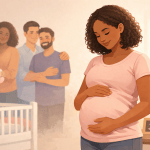 Become a surrogate pregnant woman with intended parents preparing for baby
