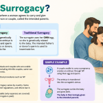 what is surrogacy – infographic explaining surrogacy types, process, and key facts with illustration of a pregnant surrogate and parents