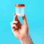 males hand holding plastic jar sperm
