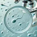 A medical illustration representing low sperm count (oligospermia). The image shows a stylized view of sperm cells under a microscope