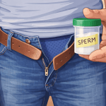Man holding sperm sample container labeled sperm representing someone looking for a sperm donor for fertility purposes