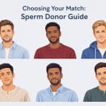 Choosing Your Match Sperm Donor Guide showing six diverse male sperm donor pictures with different ethnicities and appearances