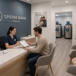Sperm bank in Canada consultation with donor and clinic staff in fertility center