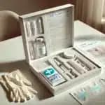 photograph of a home insemination kit neatly arranged on a clean, white surface. The kit includes a sterile needleless syringe