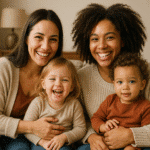 Two women with their two young children sitting together on couch showing affection in lesbian parenting family at home