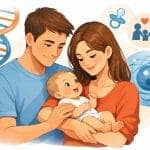 Illustration of happy parents holding their baby, with DNA and family icons symbolizing genetics, fertility, and parenthood