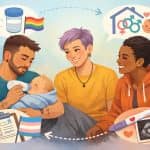 Trans and non-binary co-parenting with three diverse parents caring for baby surrounded by LGBTQ+ symbols sperm donation and ultrasound icons