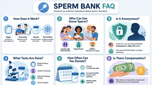Sperm bank questions infographic explaining sperm donation process, anonymity, tests and compensation