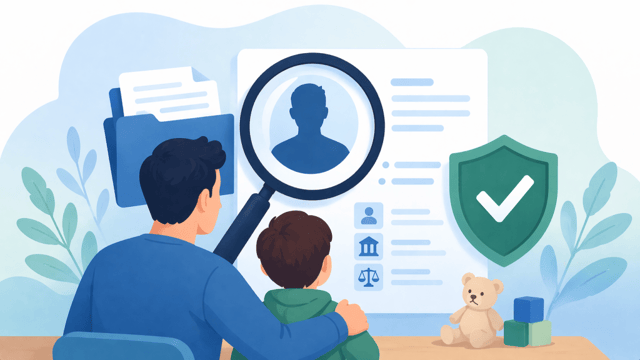 background check – parent and child reviewing identity verification with security shield and profile screening