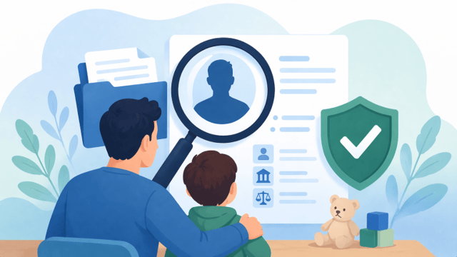background check – parent and child reviewing identity verification with security shield and profile screening