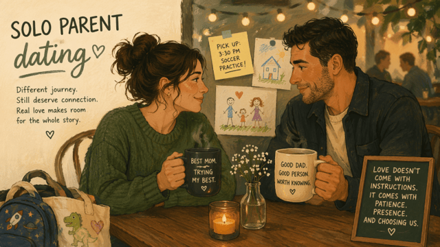 solo parent dating – single mom and single dad having a warm coffee date while sharing family life