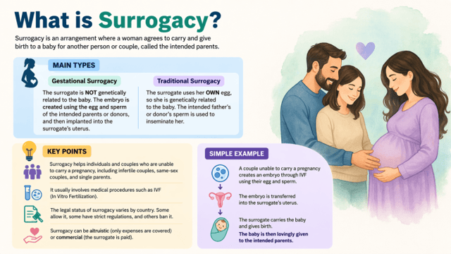 what is surrogacy – infographic explaining surrogacy types, process, and key facts with illustration of a pregnant surrogate and parents