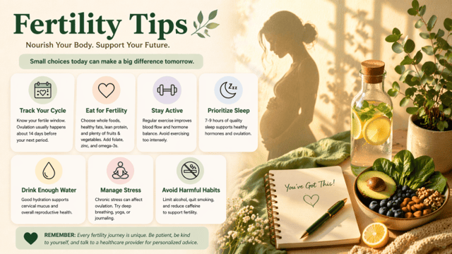 fertility tips – infographic showing healthy habits to boost fertility including diet, sleep, and stress management