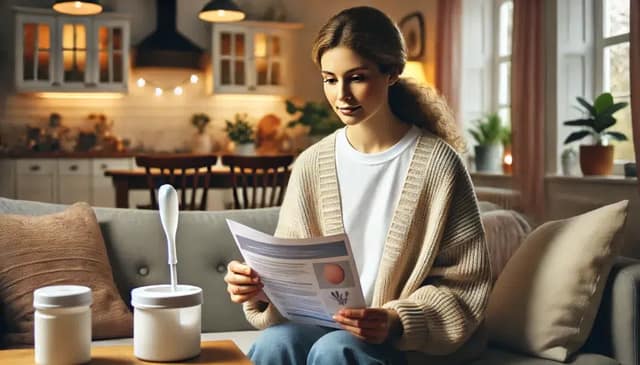 A home setting with a woman holding a turkey baster in one hand, looking thoughtful as she reads instructions on insemination