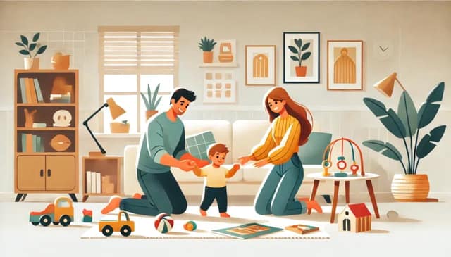 A warm home setting illustrating a couple raising a child in a platonic relationship. The couple is seen playing with their child on the floor, with a baby
