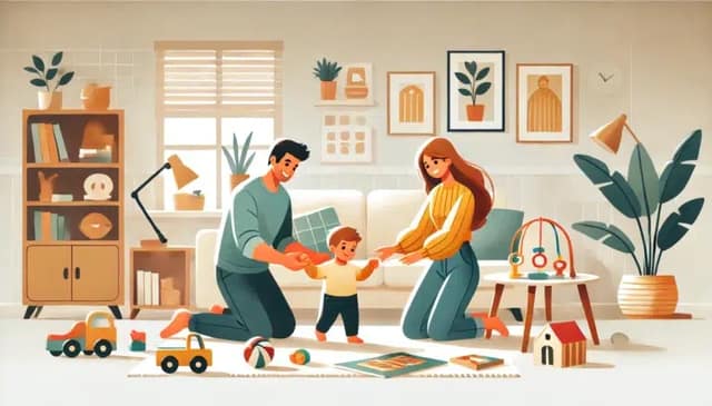 A warm home setting illustrating a couple raising a child in a platonic relationship. The couple is seen playing with their child on the floor, with a baby