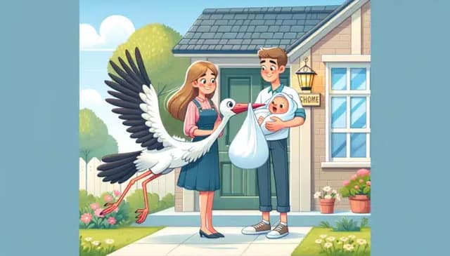 Just a baby illustration of stork delivering a newborn to a couple symbolizing birth