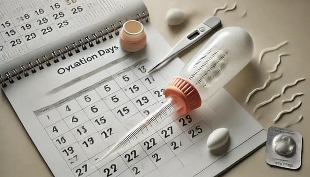 Turkey Baster Method for home insemination, showing a turkey baster and a calendar used to track ovulation timing.