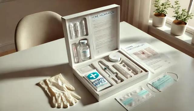 photograph of a home insemination kit neatly arranged on a clean, white surface. The kit includes a sterile needleless syringe