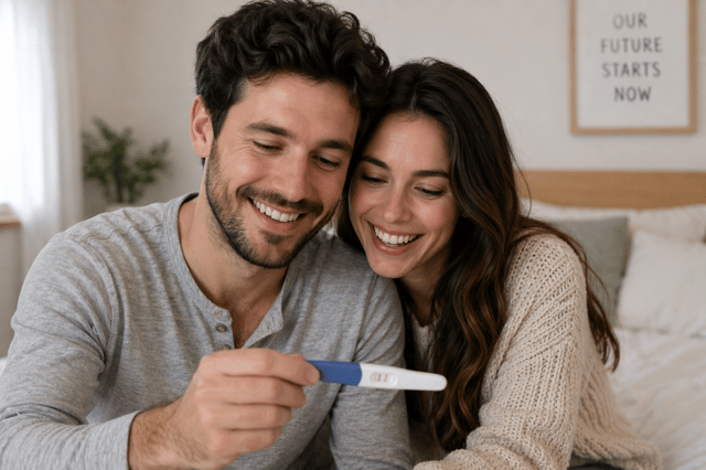 trying for a baby – happy couple looking at a positive pregnancy test at home