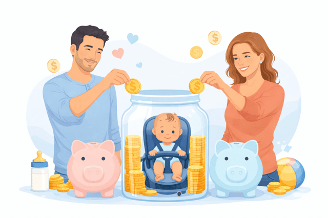 Co parenting cost: parents saving money together for child expenses with baby and piggy banks