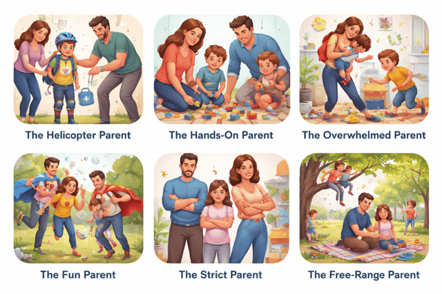 Parenting stereotypes illustration showing different parenting styles such as helicopter, strict, and hands-on