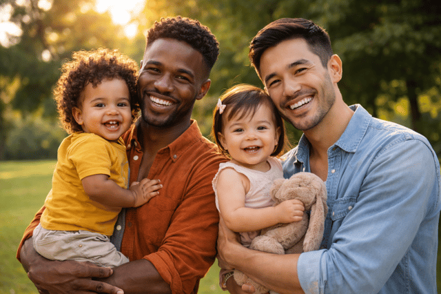 Gay co parenting: two fathers holding their children smiling outdoors in a park