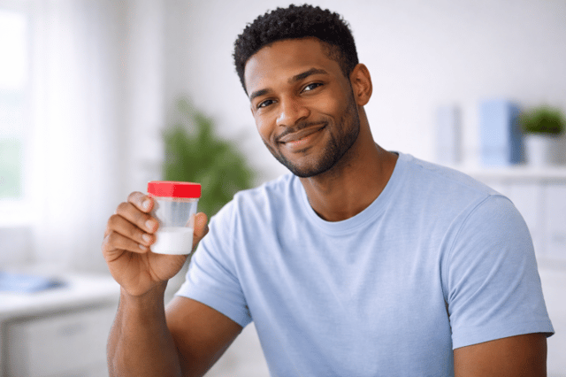 Donating sperm to a clinic man holding sperm sample container in a medical setting