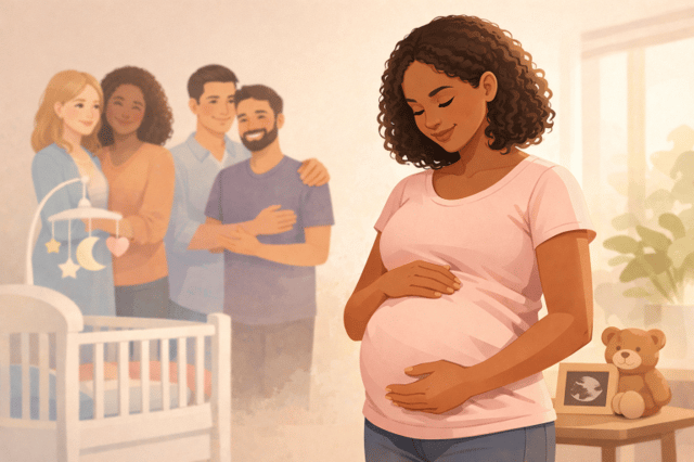 Become a surrogate pregnant woman with intended parents preparing for baby