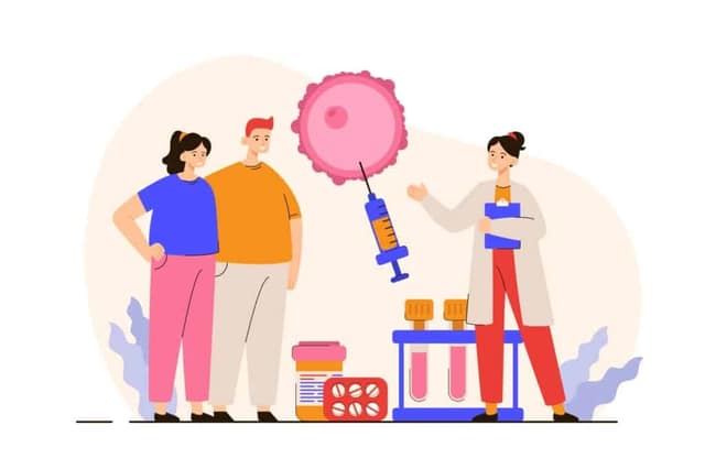 Insemination success rate by age illustration showing couple with doctor and fertility treatment process