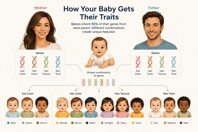 baby genetics infographic showing how traits like eye color, hair, and skin are inherited from parents