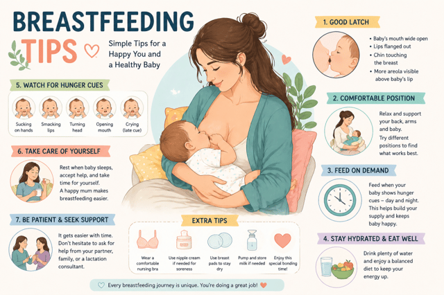 breastfeeding tips infographic showing proper latch positions feeding cues and breastfeeding advice for new mothers