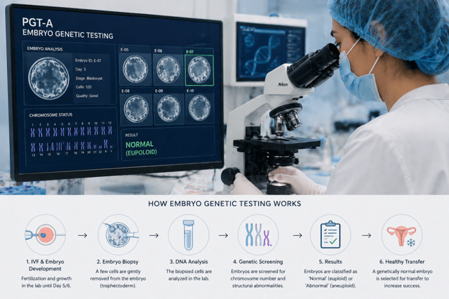 genetic testing embryos process showing lab analysis of embryo chromosomes and screening results