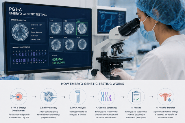 genetic testing embryos process showing lab analysis of embryo chromosomes and screening results