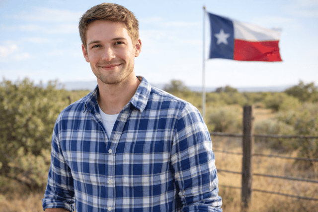 Sperm donor Texas portrait of a young man outdoors with Texas flag