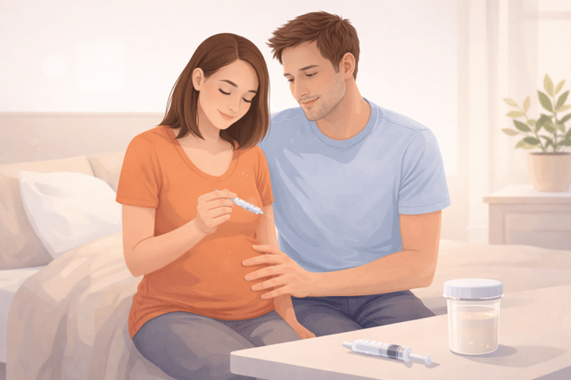 Home insemination at home: couple performing insemination with syringe and sperm sample