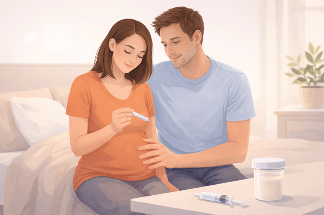 Home insemination at home: couple performing insemination with syringe and sperm sample