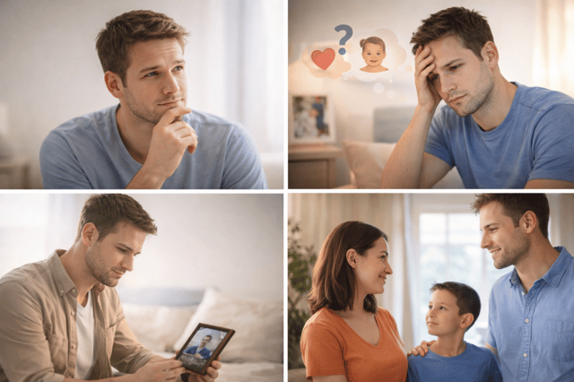 Sperm donor emotional impact man reflecting on fatherhood and family with mixed emotions