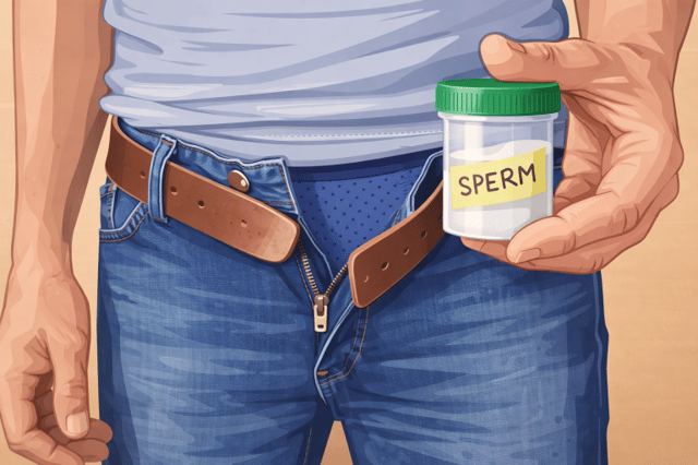 Man holding sperm sample container labeled sperm representing someone looking for a sperm donor for fertility purposes