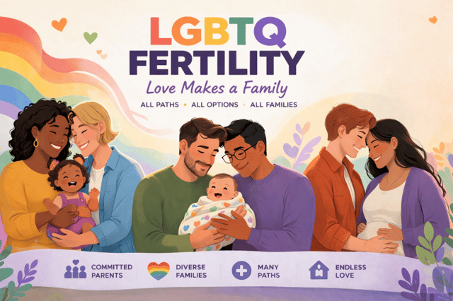 LGBTQ fertility: diverse same sex couples and families with children celebrating parenthood