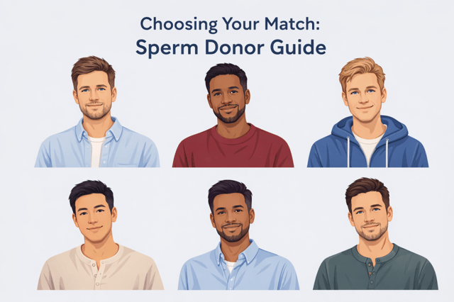 Choosing Your Match Sperm Donor Guide showing six diverse male sperm donor pictures with different ethnicities and appearances