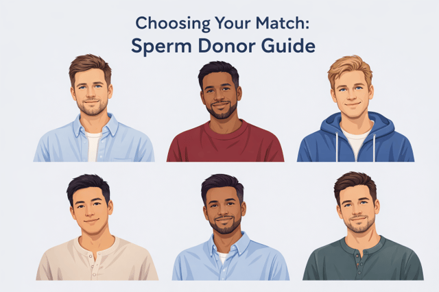 Choosing Your Match Sperm Donor Guide showing six diverse male sperm donor pictures with different ethnicities and appearances