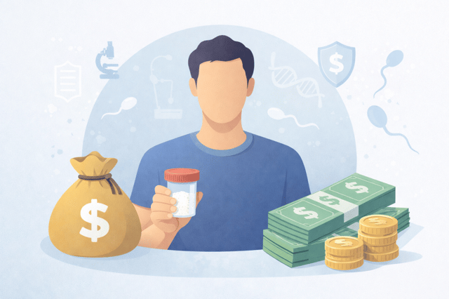 Sperm donor compensation illustration showing a donor holding a sample with financial payment