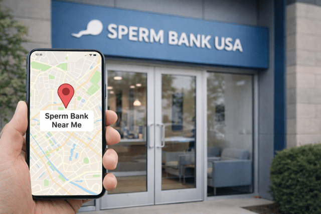 Smartphone showing sperm bank near me location in front of fertility clinic