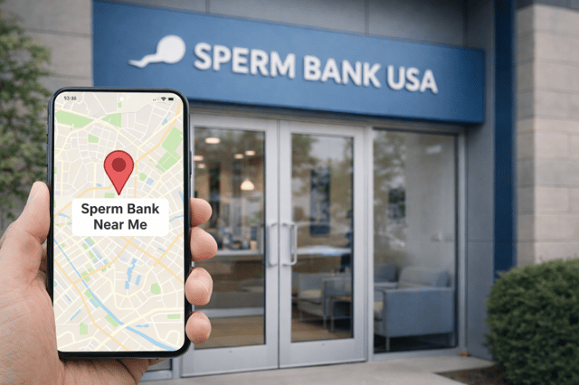 Smartphone showing sperm bank near me location in front of fertility clinic