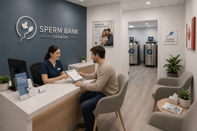 Sperm bank in Canada consultation with donor and clinic staff in fertility center