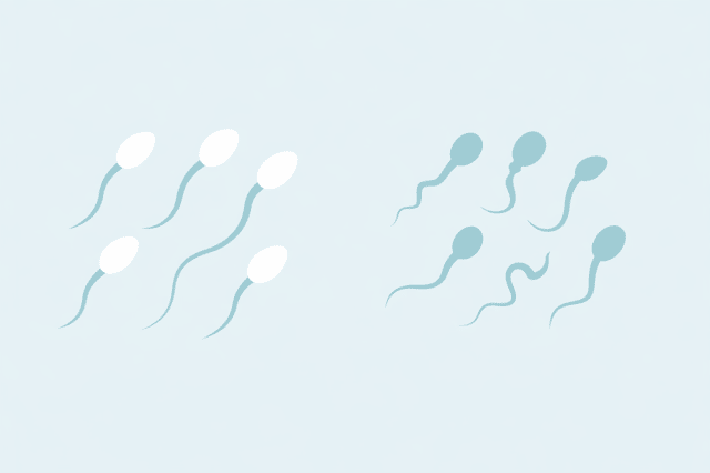 Oligoteratozoospermia illustration showing abnormal sperm shapes and low sperm quality