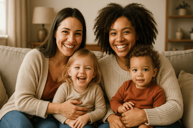 Two women with their two young children sitting together on couch showing affection in lesbian parenting family at home