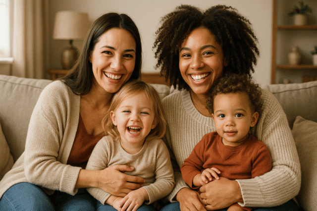 Two women with their two young children sitting together on couch showing affection in lesbian parenting family at home